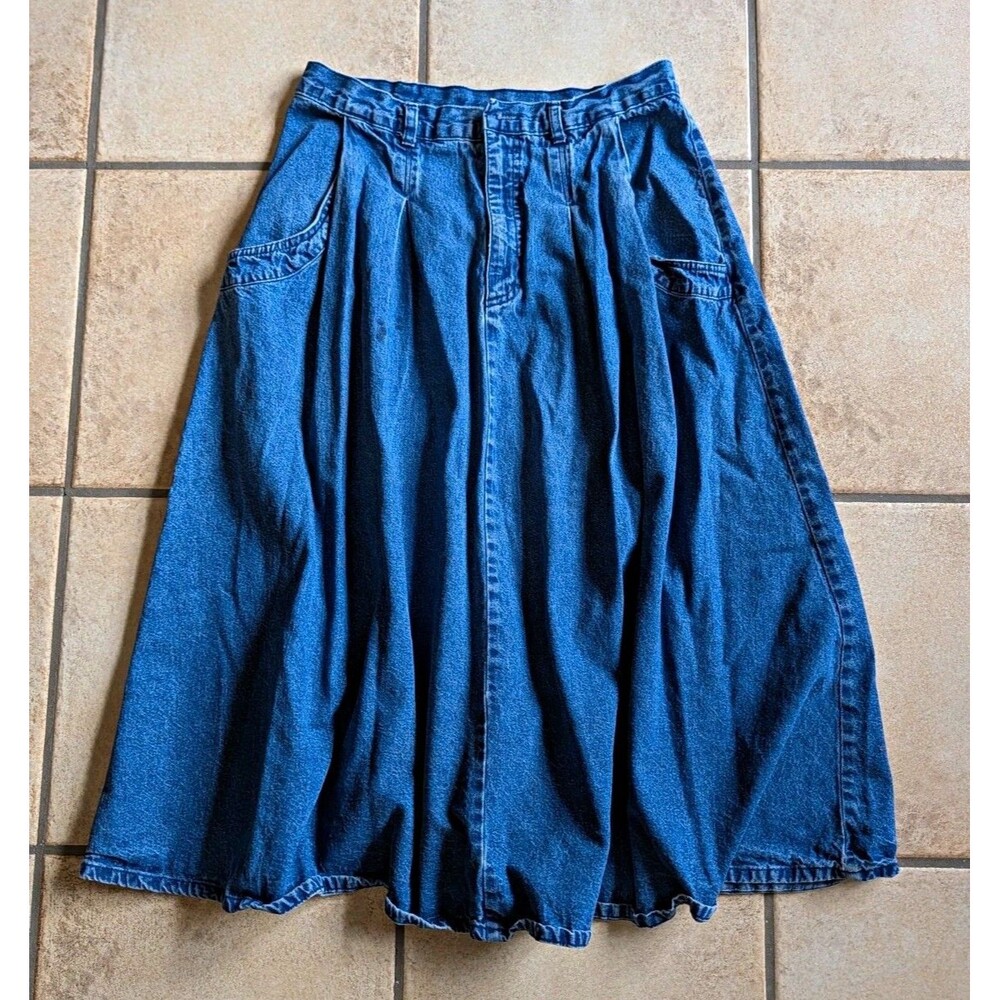 Vintage Cherokee USA 32" Women's 16 Blue Denim Pleated Long Skirt Indian Pockets